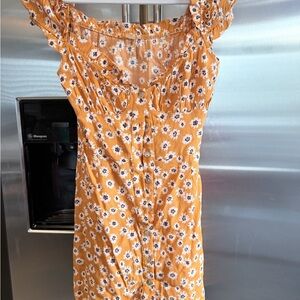 mahina Peach Floral Ruffled Dress with White Blooms